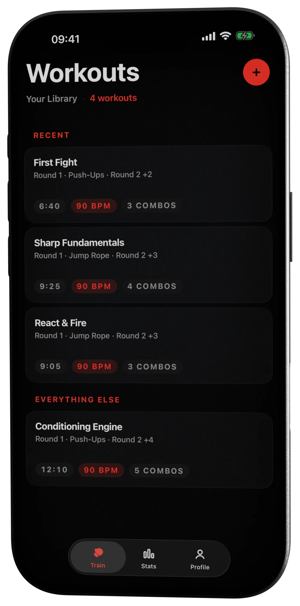 The workout library: First Fight, Sharp Fundamentals and React & Fire, each listing its length, tempo and combo count.